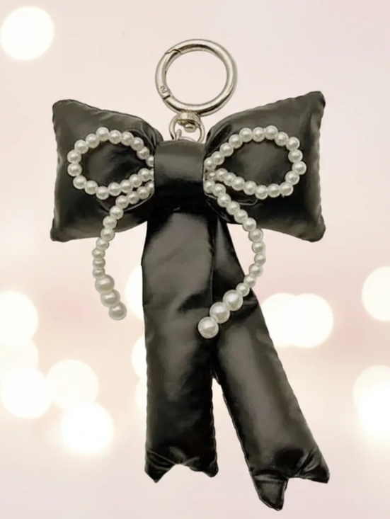 None Accessories - Black Satin Bow Pearl Keychain Or Bag Charm